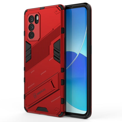 Red rugged phone case with TPU shockproof armor, raised corners, and side grips
