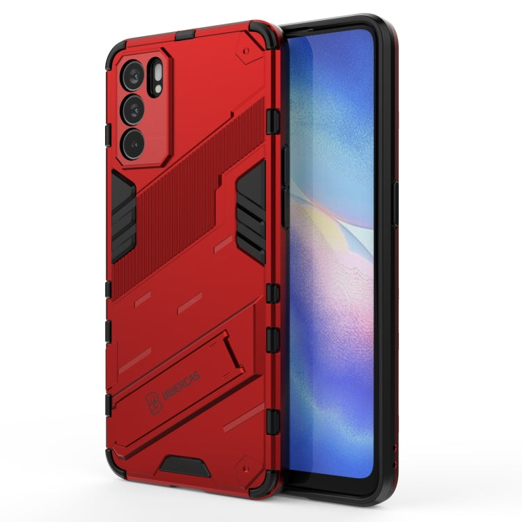 Red rugged TPU shockproof phone case with textured armor panels and raised edges
