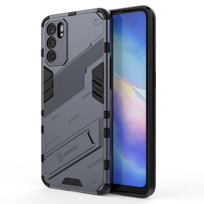 Gray rugged TPU shockproof phone case with textured armor panels and raised edges