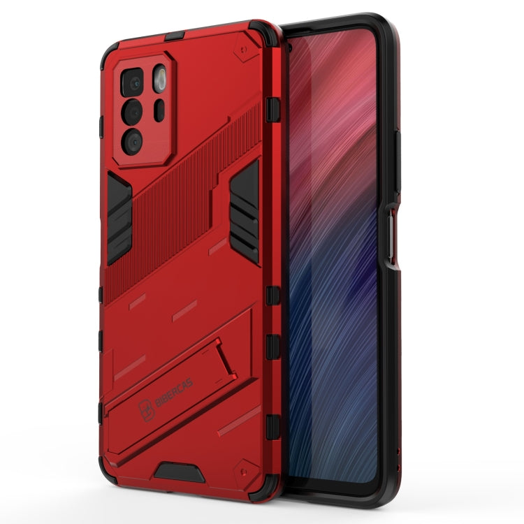 Red protective rugged phone case with shockproof TPU shell and grip detail