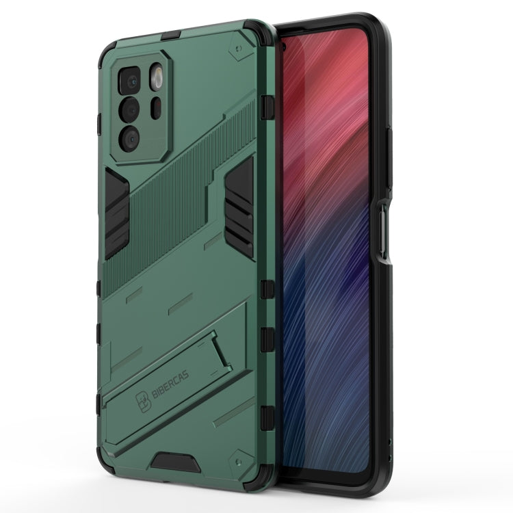Green rugged phone armor case with shockproof TPU edges and invisible holder
