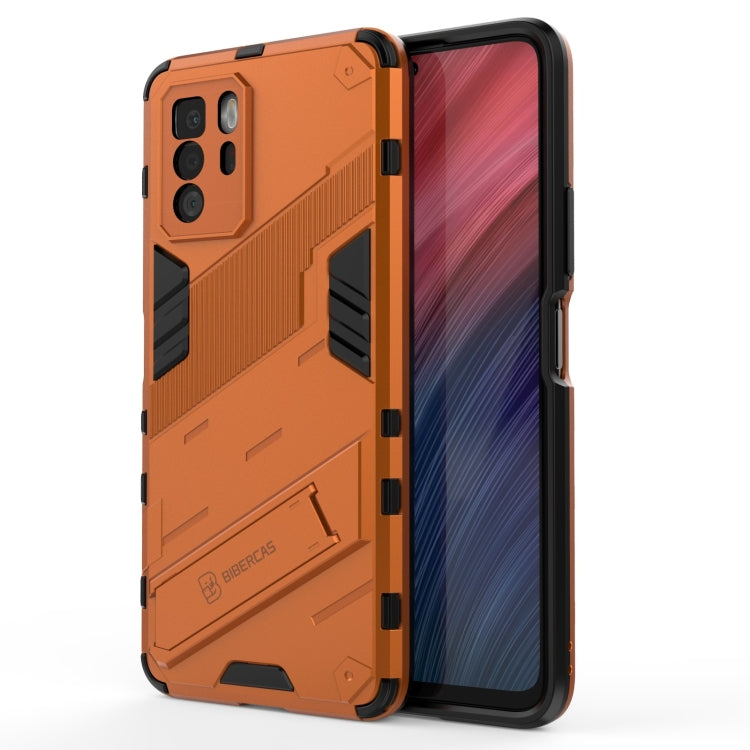 Orange rugged phone armor case with shockproof TPU edges and invisible holder