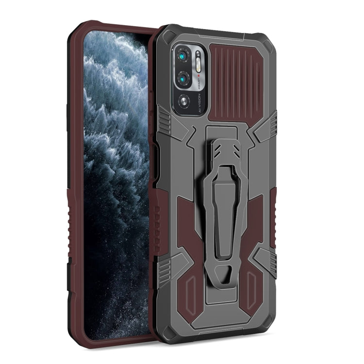 Rugged shockproof phone case with raised camera guard in brown and dark gray