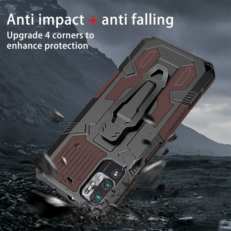 Shockproof rugged phone case with reinforced corners and camera cutout in brown
