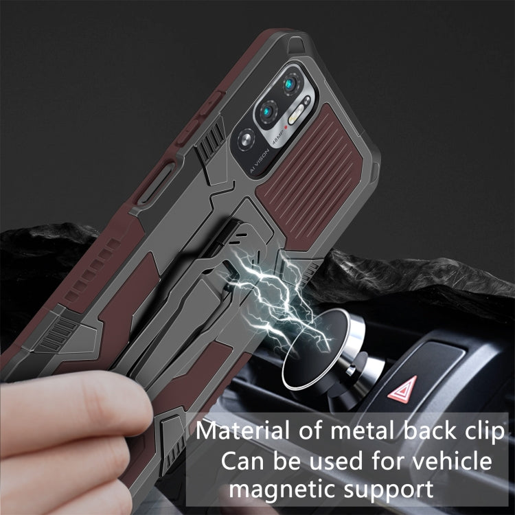 Rugged case showing metal back clip area for magnetic car mounts, brown and gray
