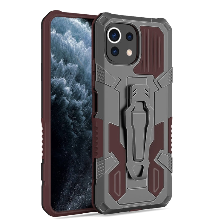 Rugged shockproof phone case with raised camera guard in brown and dark gray