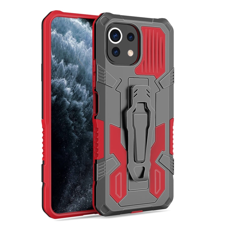 Red rugged shockproof case with textured grip ridges and built-in stand