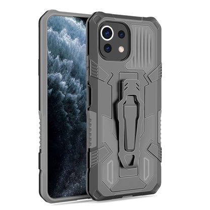 Grey rugged shockproof case with textured ridges and built-in stand
