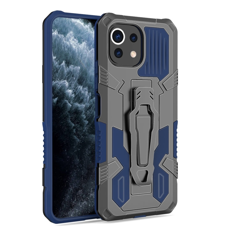 Blue rugged shockproof case with textured grip ridges and built-in stand