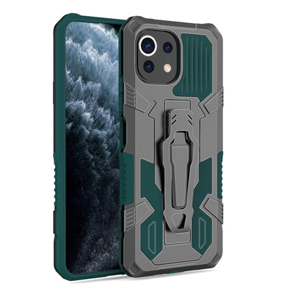 Green rugged shockproof case with textured ridges and built-in stand