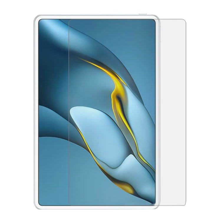 Transparent PET tablet screen protector fitted over tablet screen with rounded corners.
