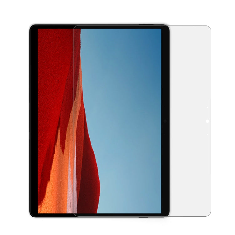 Transparent PET tablet screen protector, full-screen coverage with rounded edges.