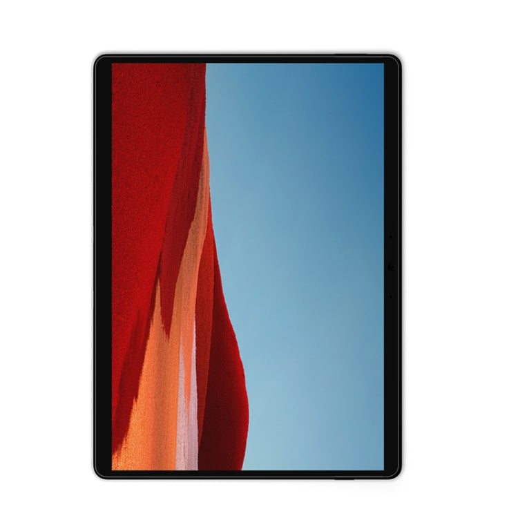 Clear tablet screen protector film, rounded corners, fitted over the tablet display.