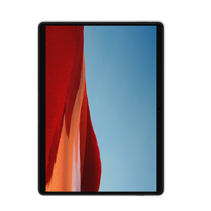 Clear tablet screen protector film, rounded corners, fitted over the tablet display.