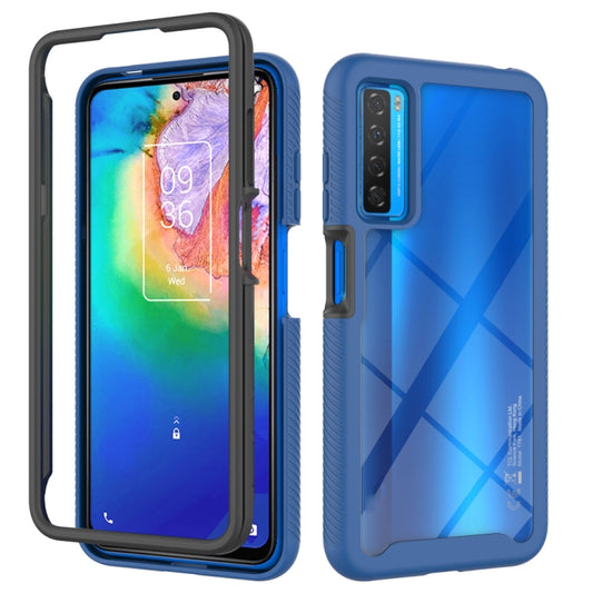 Blue shockproof phone case with TPU bumper and PC back, featuring diagonal X pattern
