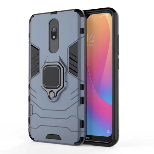Shockproof phone case with magnetic ring holder, navy blue with black accents
