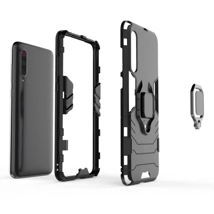 Shockproof phone case with magnetic ring holder, gray with black frame and cutouts