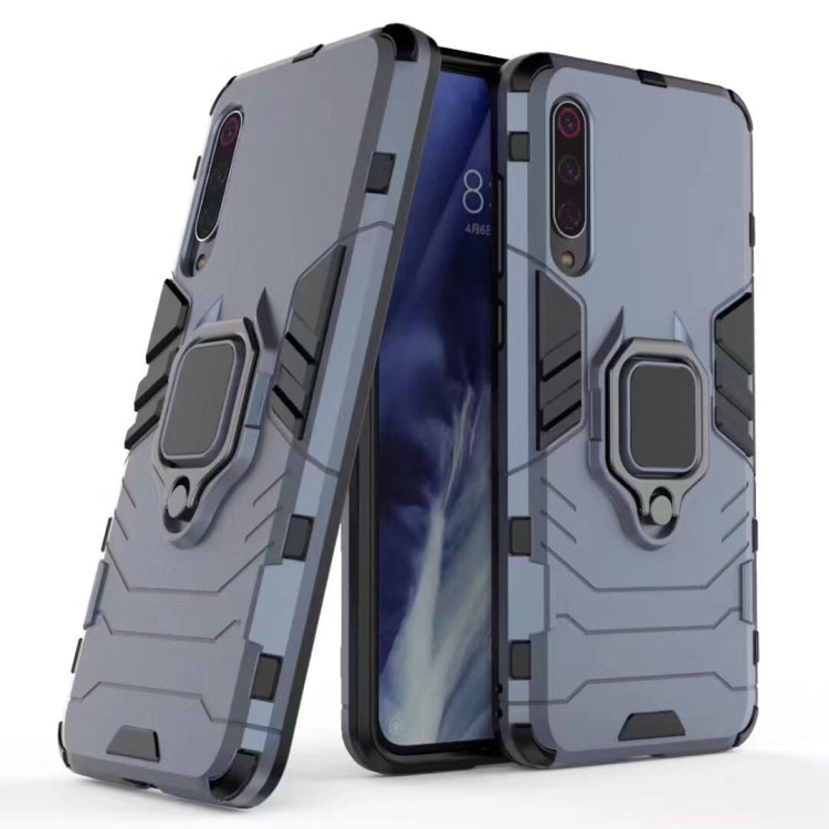 Shockproof phone case with magnetic ring holder, light blue-gray with black edges