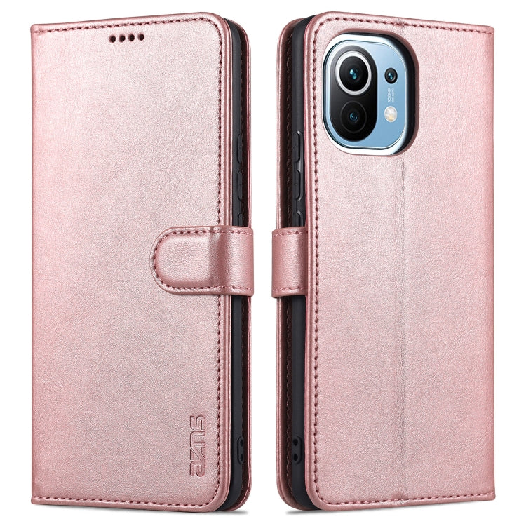 Rose gold flip leather phone case with card holder tab and stitched magnetic strap.