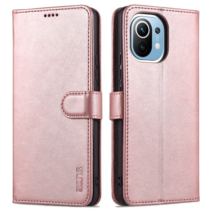 Rose gold flip leather phone case with card holder tab and stitched magnetic strap.