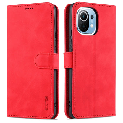 Red flip leather phone case with side card holder tab and stitched magnetic strap.