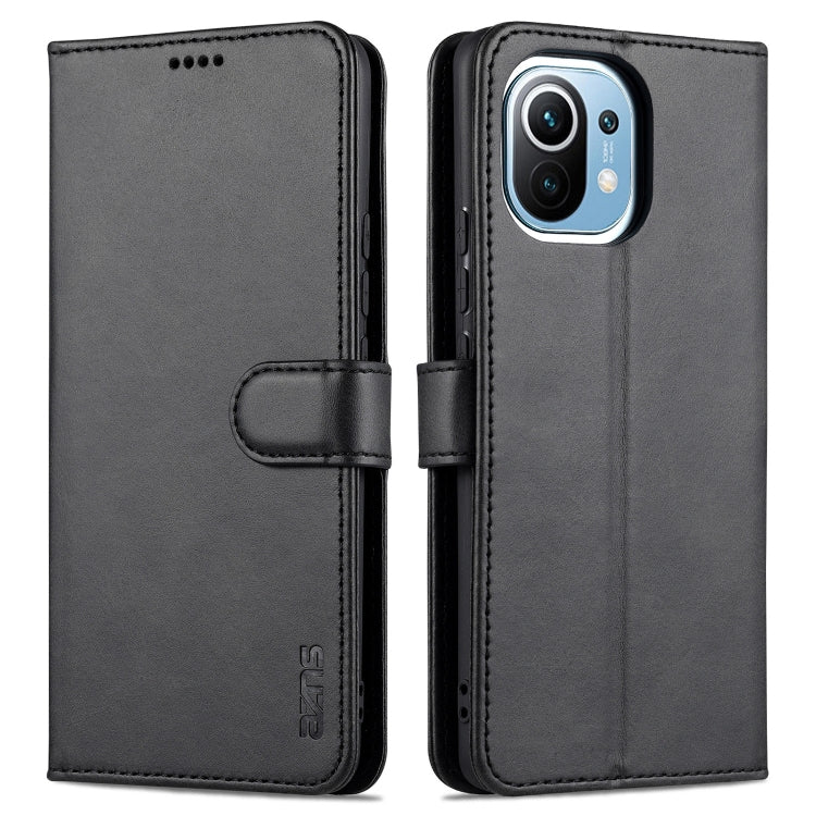 Black flip leather phone case with card holder tab and stitched magnetic strap.