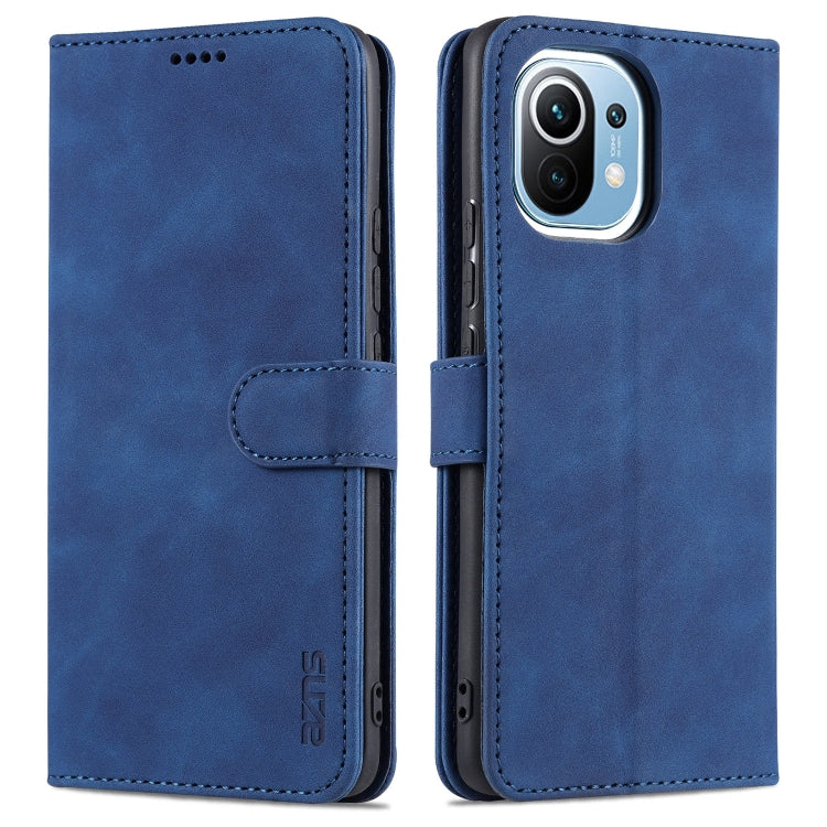 Blue flip leather phone case with side card holder tab and stitched magnetic strap.
