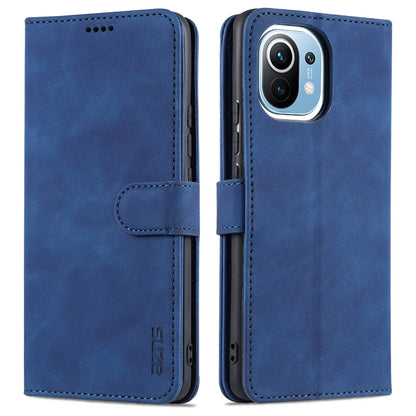 Blue flip leather phone case with side card holder tab and stitched magnetic strap.