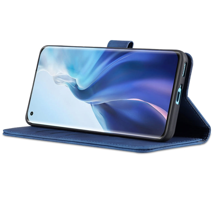 Blue flip leather phone case with kickstand for hands-free viewing