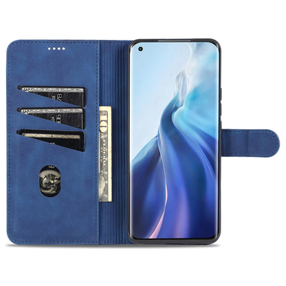 Blue calf-texture flip phone wallet case with card slots and magnetic closure.