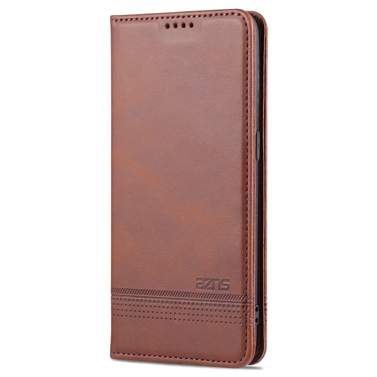 Dark brown leather flip phone case with card-slot perforation and magnetic closure