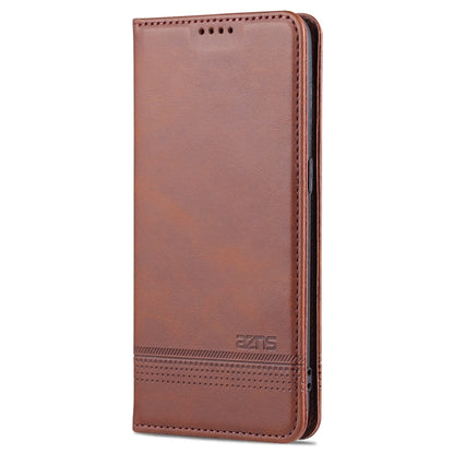 Dark brown leather flip phone case with card-slot perforation and magnetic closure