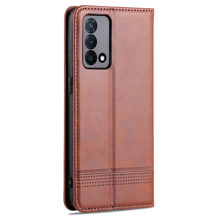 Dark brown leather flip phone case showing camera cutout and perforated bottom trim