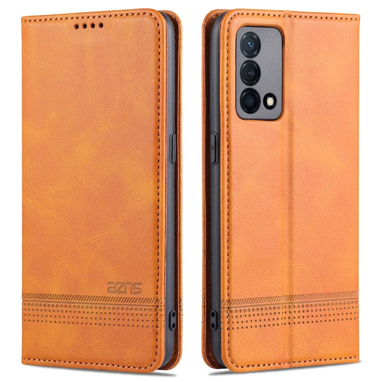 Orange-brown leather flip phone case with perforated bottom trim and card slots