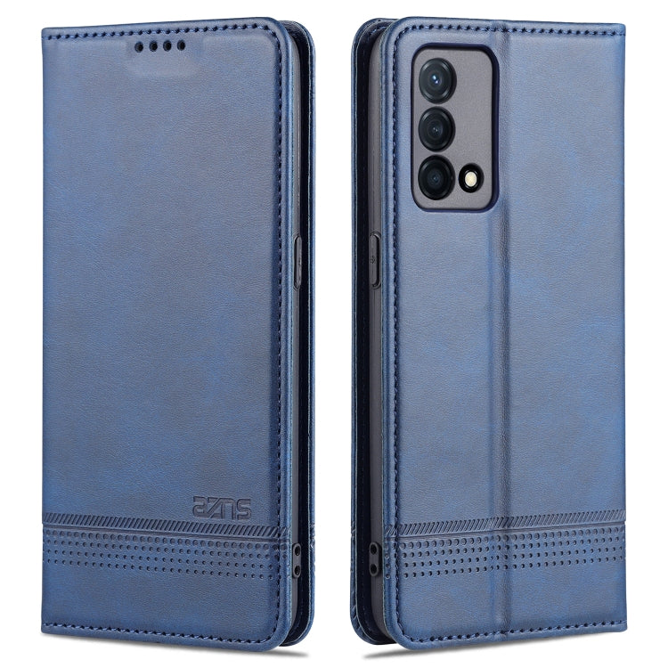 Dark blue leather flip phone case with perforated bottom trim and camera cutout