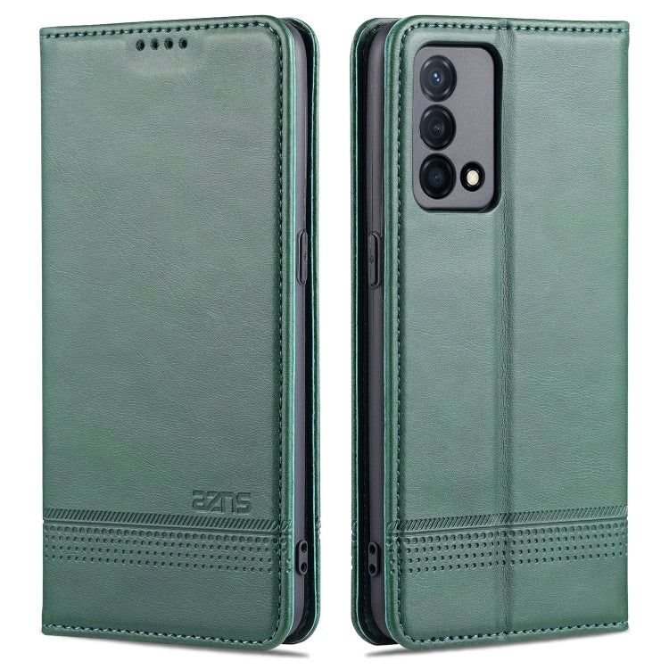 Dark green leather flip phone case with perforated bottom trim and camera cutout