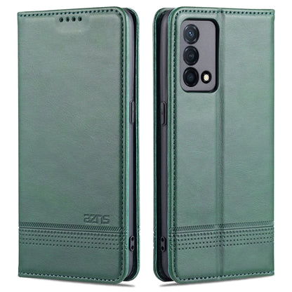 Dark green leather flip phone case with perforated bottom trim and camera cutout