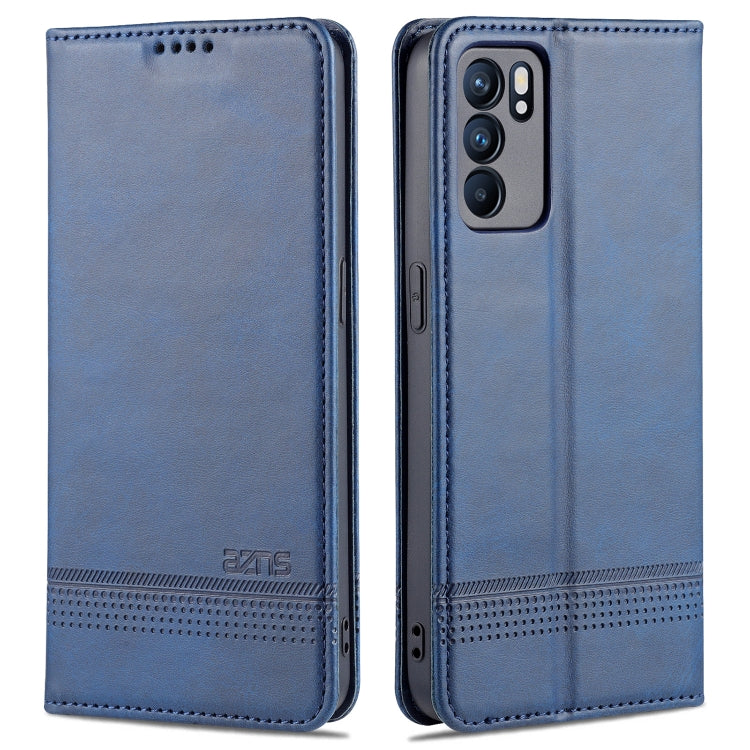 Blue leather flip phone case with magnetic closure and camera cutout