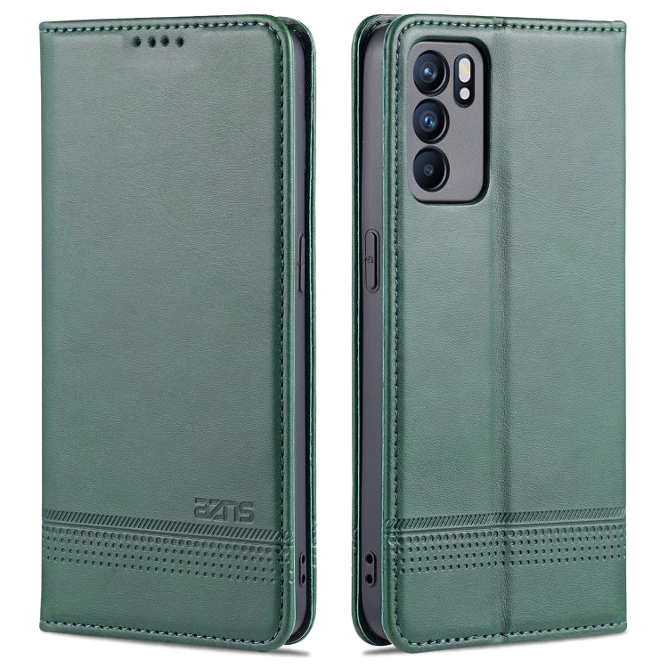 Green leather flip phone case with magnetic closure and camera cutout