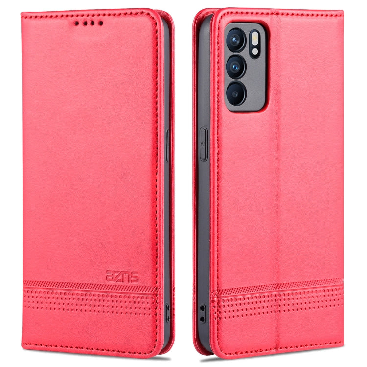 Red-pink leather flip phone case with magnetic closure and camera cutout