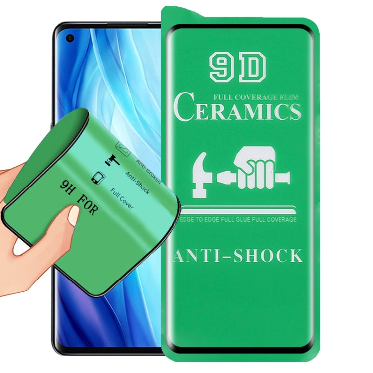 9D ceramic screen protector film placed on phone display, anti-shock full coverage
