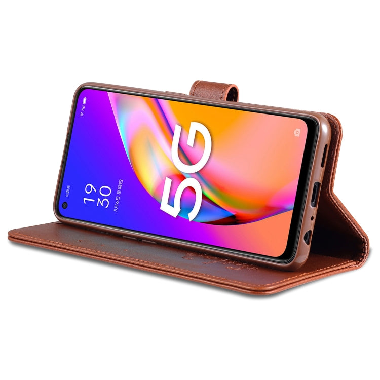 Brown leather flip phone case with kickstand and viewing window