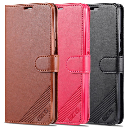 Three-tone leather wallet phone case: brown, red, and black with card slots