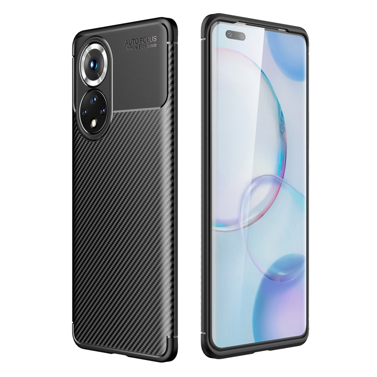 Black carbon fiber texture TPU phone case with camera cutouts, shock-absorbing edges