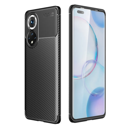 Black carbon fiber texture TPU phone case with camera cutouts, shock-absorbing edges