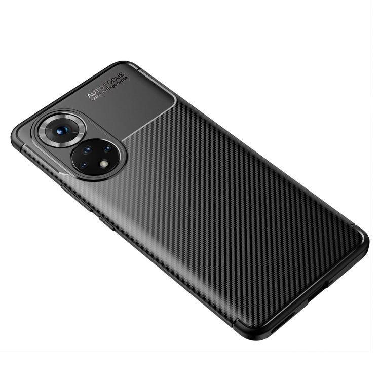 Black carbon fiber texture TPU phone case, angled back view with camera openings