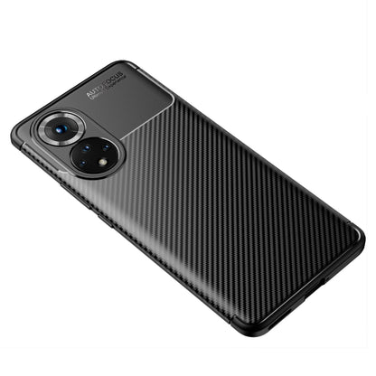 Black carbon fiber texture TPU phone case, angled back view with camera openings