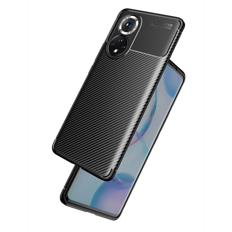 Black carbon fiber texture TPU phone case, back angled with front cover visible