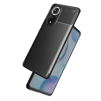Black carbon fiber texture TPU phone case, back angled with front cover visible