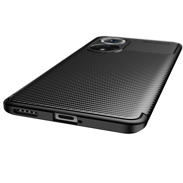 Black carbon fiber texture TPU phone case, bottom edge ports and speaker openings
